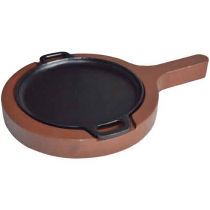 Chapa de Ferro Fundido Redonda 20cm com Suporte de Madeira Rig Fundidos