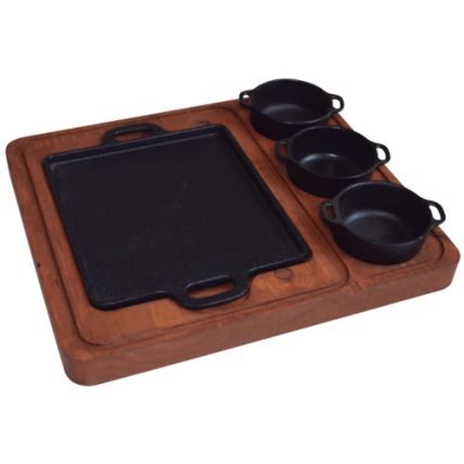Chapa de Ferro Fundido Quadrada 20cm com Suporte de Madeira e 3 Molheiras Rig Fundidos