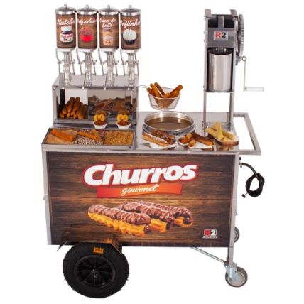 Carrinho de Churros Gourmet com 4 Doceiras e Masseira Engrenagem Base R0081-ST Amadeirado R2